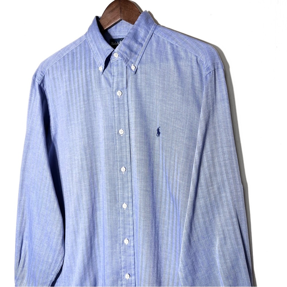 Polo Mens Blue Herringbone Striped Long Sleeve Buttondown Shirt - Picture 4 of 11
